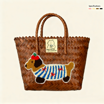 Large capacity sausage dog hand woven cabbage basket rattan woven handbag office miscellaneous carry bag picnic women's bag