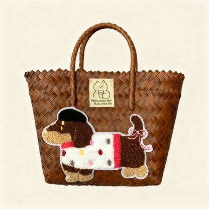 Large capacity sausage dog hand woven cabbage basket rattan woven handbag office miscellaneous carry bag picnic women's bag