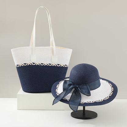 Straw Bag and Hat Set for Women, Beach Vacation, Versatile Sun Protection Wide Brim Hat, Commute Travel Large Capacity Tote Bag